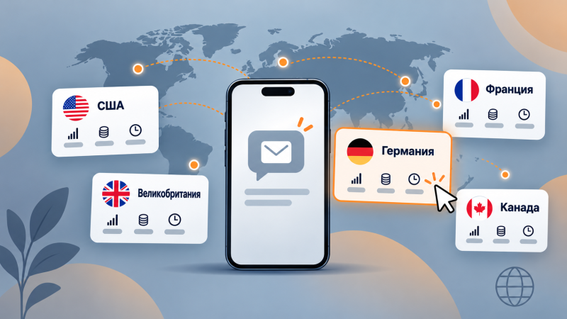 Выбор страны виртуального номера для приёма SMS на экране смартфона